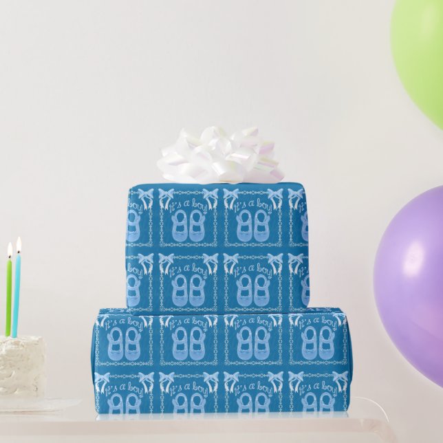 Baby boy shower Blue Shoes and bows Wrapping Paper (Party Gifts)