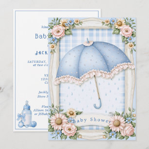 Baby Boy Shower Blue Umbrella Raindrops Invitation