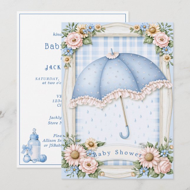Baby Boy Shower Blue Umbrella Raindrops   Invitation (Front/Back)