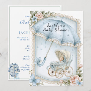 Baby Boy Shower Blue Umbrella Raindrops Invitation