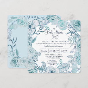 Baby Boy Shower Blue Watercolor Floral Foliage Invitation