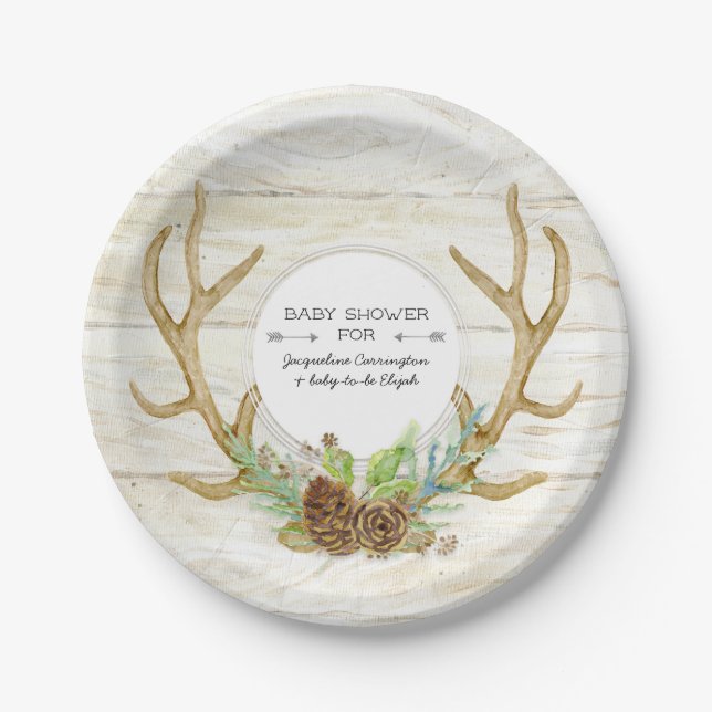 Baby Boy Shower Boho Deer Antler Woodland Forest Paper Plate (Front)