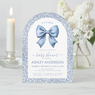 Baby Boy Shower Bow Blue White Floral Pattern Arch Invitation