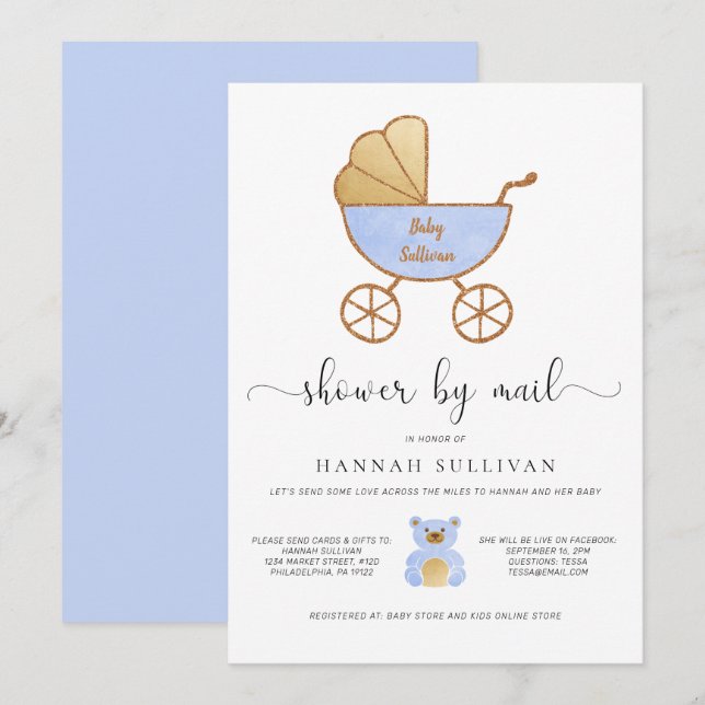 Baby Boy Shower by Mail Retro Carriage Blue Gold Invitation (Front/Back)