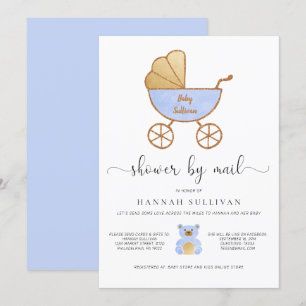 Baby Boy Shower by Mail Retro Carriage Blue Gold Invitation