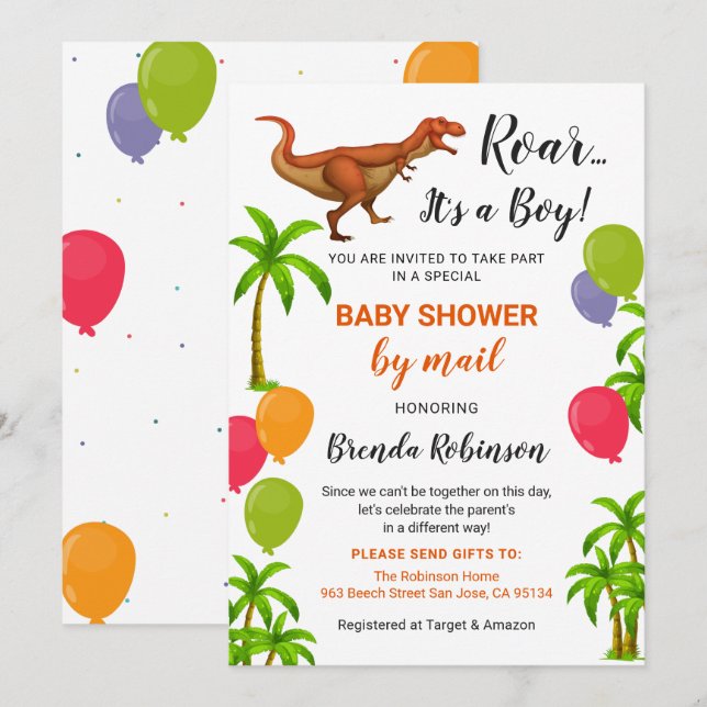Baby Boy Shower By Mail Roar Jungle Dinosaur Invitation (Front/Back)