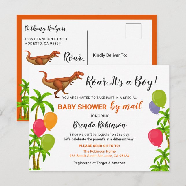 Baby Boy Shower By Mail Roar Jungle Dinosaur Postcard (Front/Back)