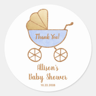 Baby Boy Shower Carriage Watercolor Thank You Classic Round Sticker