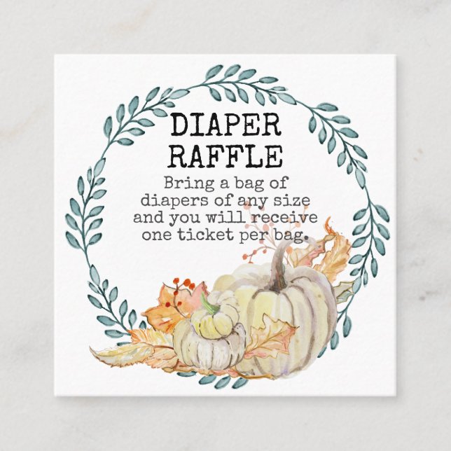 Baby Boy Shower Diaper Raffle White Pumpkin Leaves Square Business Card (Front)