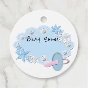 Baby boy shower dummy flowers blue white pearls cu favour tags