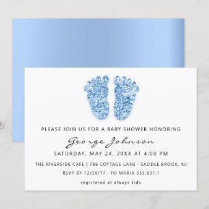 Baby Boy Shower Feet Glitter Blue White Invitation
