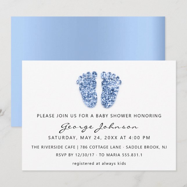Baby Boy Shower Feet Glitter Blue White Invitation (Front/Back)