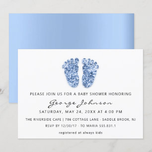 Baby Boy Shower Feet Glitter Blue White Invitation