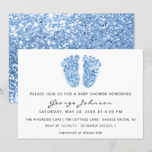 Baby Boy Shower Feet Glitter Blue White Lux Invitation