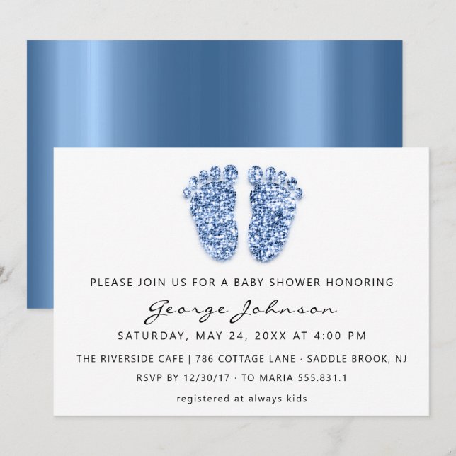 Baby Boy Shower Feet Glitter Blue White VIP Invitation (Front/Back)