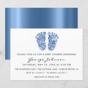 Baby Boy Shower Feet Glitter Blue White VIP Invitation