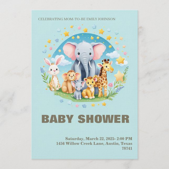 Baby Boy Shower Invitation Cartoon Animals (Front)