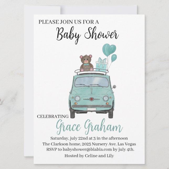 Baby Boy Shower invitation Fiat 500 (Front)
