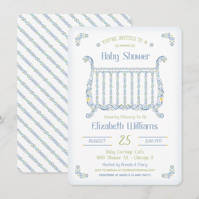 Baby Boy Shower Invitation - Lacy Crib - Blue (Front/Back)