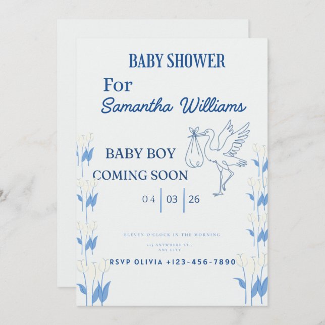Baby Boy Shower Invitation | Soft Blue Customizabl (Front/Back)