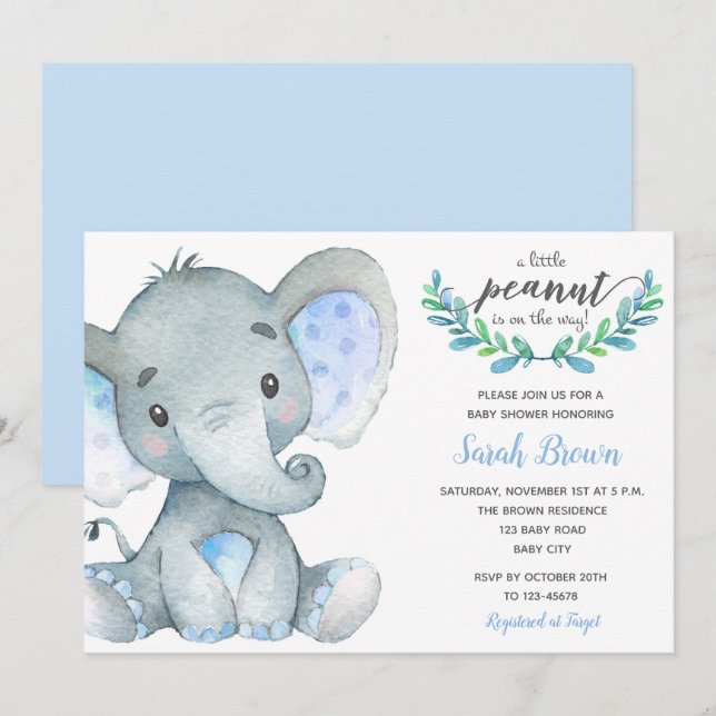 Baby boy shower invitations (Elephant Watercolor) (Front/Back)