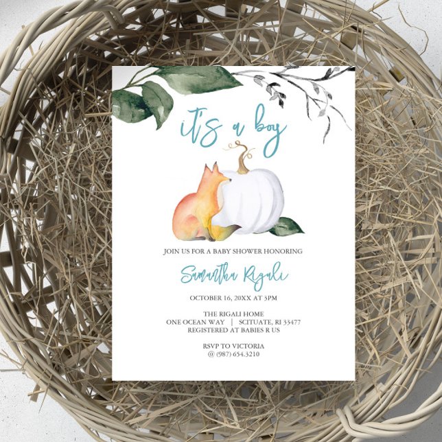 Baby Boy Shower Invitations Watercolor Fox Pumpkin (Autumn-themed baby shower invites boy woodland fox and white pumpkin foliage)