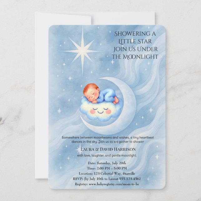 Baby Boy Shower Invite Moonlight Stars Watercolor (Front)