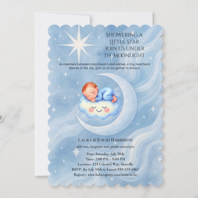 Baby Boy Shower Invite Moonlight Stars Watercolor (Front)
