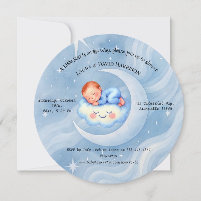 Baby Boy Shower Invite Moonlight Stars Watercolor (Front)