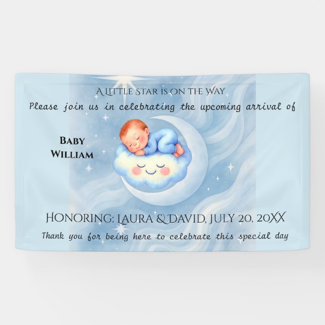 Baby Boy Shower Invite Moonlight Stars Watercolor Banner (Horizontal)