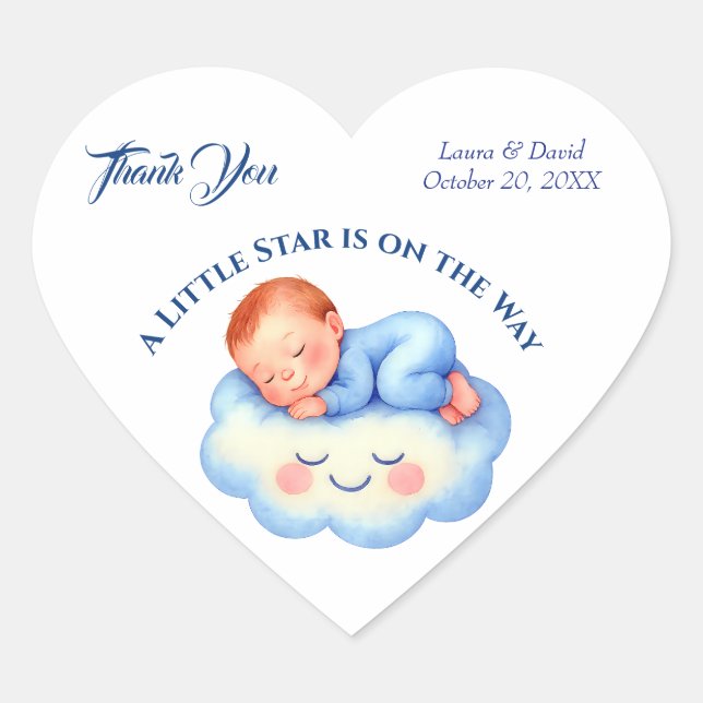 Baby Boy Shower Invite Moonlight Stars Watercolor Heart Sticker (Front)