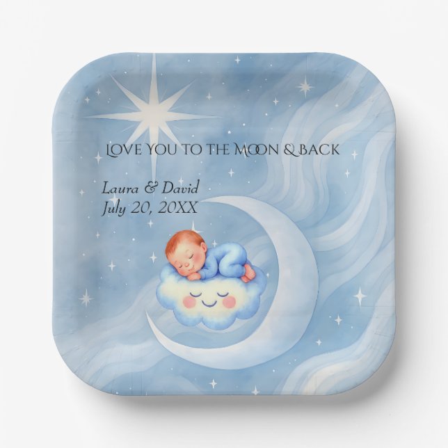 Baby Boy Shower Invite Moonlight Stars Watercolor Paper Plate (Front)