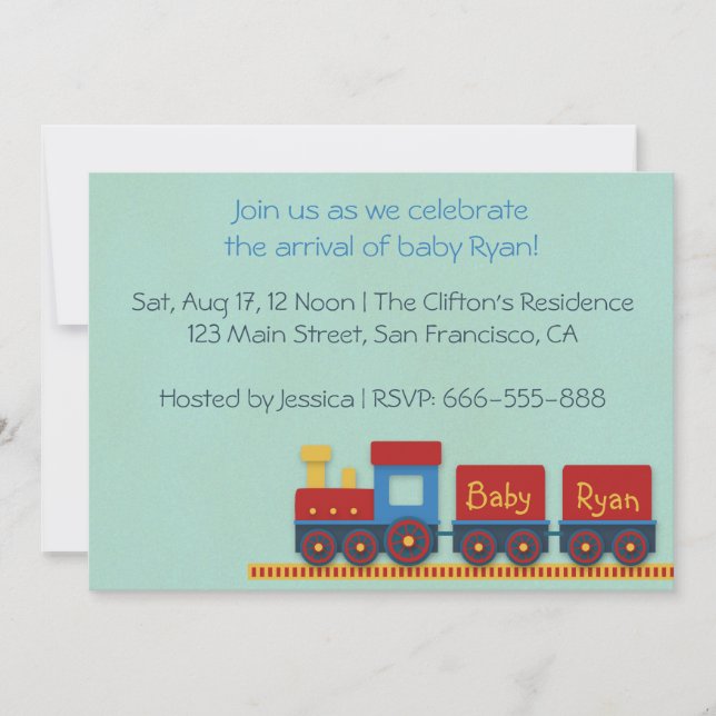 Baby Boy Shower Invite: Yellow, Red & Blue Train Invitation (Front)