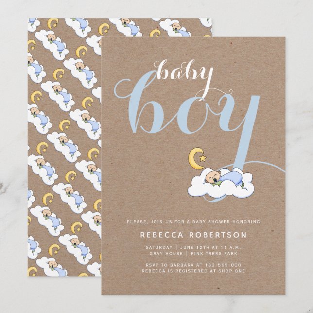 Baby boy shower kraft paper typography blue invitation (Front/Back)