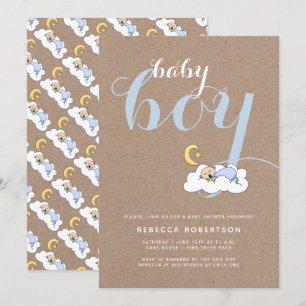Baby boy shower kraft paper typography blue invitation