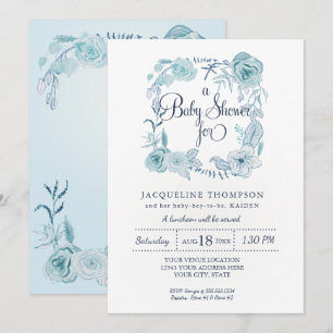 Baby Boy Shower Navy w Aqua Blue Watercolor Floral Invitation