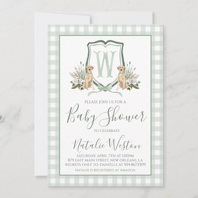Baby Boy Shower Preppy Dog Southern Green Gingham Invitation (Front)