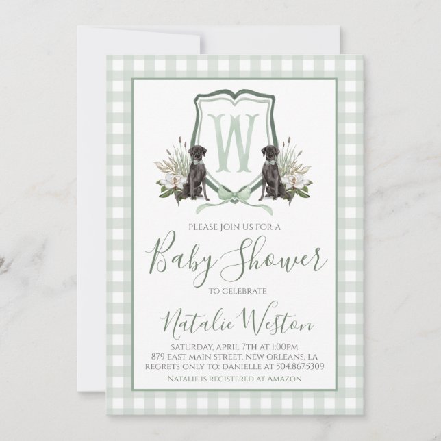 Baby Boy Shower Preppy Dog Southern Green Gingham Invitation (Front)