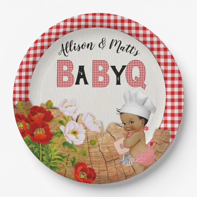 Baby Boy Shower Red Gingham Baby Q Barbeque Paper Plate (Front)