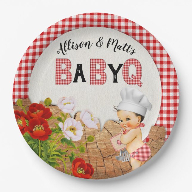 Baby Boy Shower Red Gingham Baby Q Barbeque Paper Plate (Front)