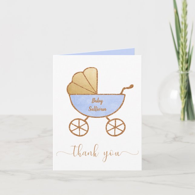 Baby Boy Shower Retro Carriage Blue Gold Thank You Card (Front)