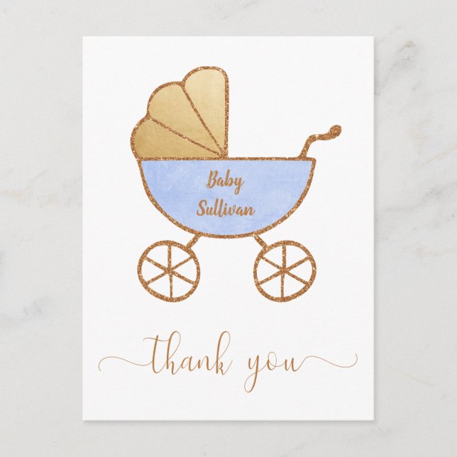 Baby Boy Shower Retro Carriage Blue Gold Thank You Postcard (Front)