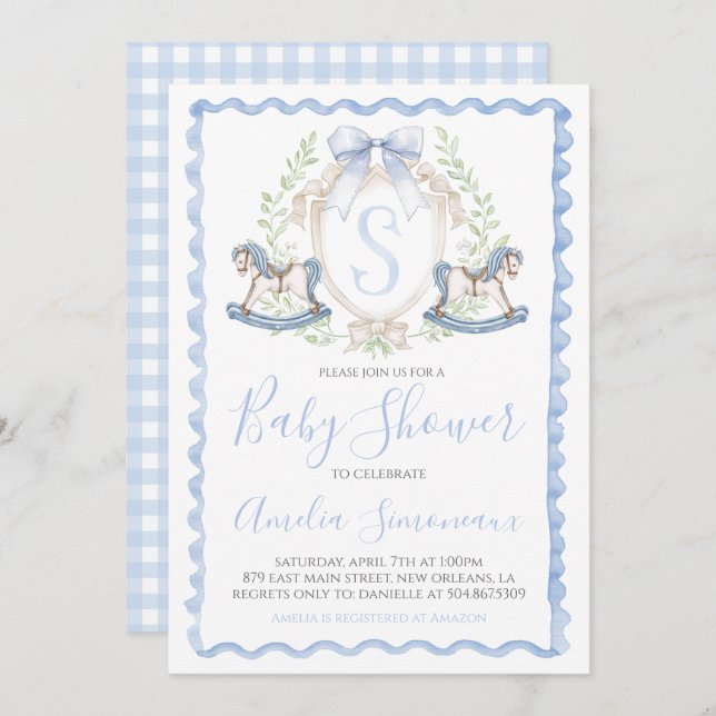 Baby Boy Shower Rocking Horse Preppy Gingham Blue Invitation (Front/Back)