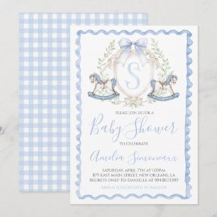 Baby Boy Shower Rocking Horse Preppy Gingham Blue Invitation