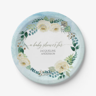 Baby Boy Shower Rustic Wreath Blue w Ivory Roses Paper Plate