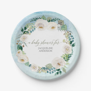 Baby Boy Shower Rustic Wreath Blue w White Roses Paper Plate