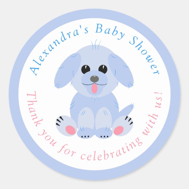 Baby Boy Shower Thank You Personalised Blue Puppy Classic Round Sticker (Front)
