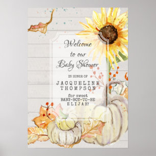 Baby Boy Shower Welcome Fall Pumpkin Sunflower Art Poster