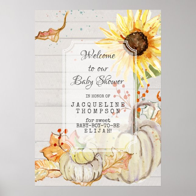 Baby Boy Shower Welcome Fall Pumpkin Sunflower Art Poster (Front)