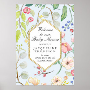 Baby Boy Shower Welcome Floral Dusty Blue Hexagon Poster